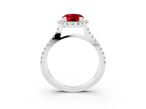 White gold Oval Cut Ruby Halo Ring with Split Shank Pavé Band and Prong Setting_3