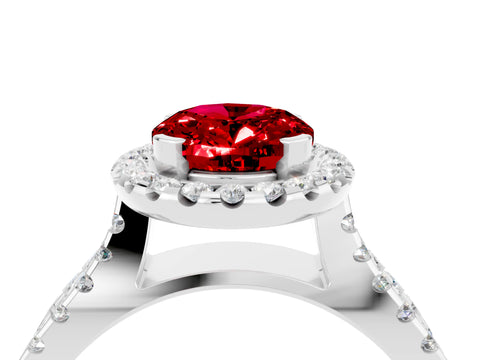 White gold Oval Cut Ruby Halo Ring with Split Shank Pavé Band and Prong Setting_4