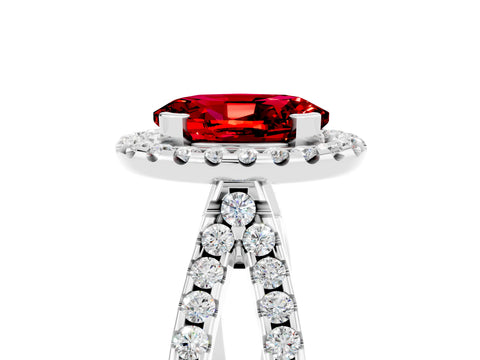 White gold Oval Cut Ruby Halo Ring with Split Shank Pavé Band and Prong Setting_5