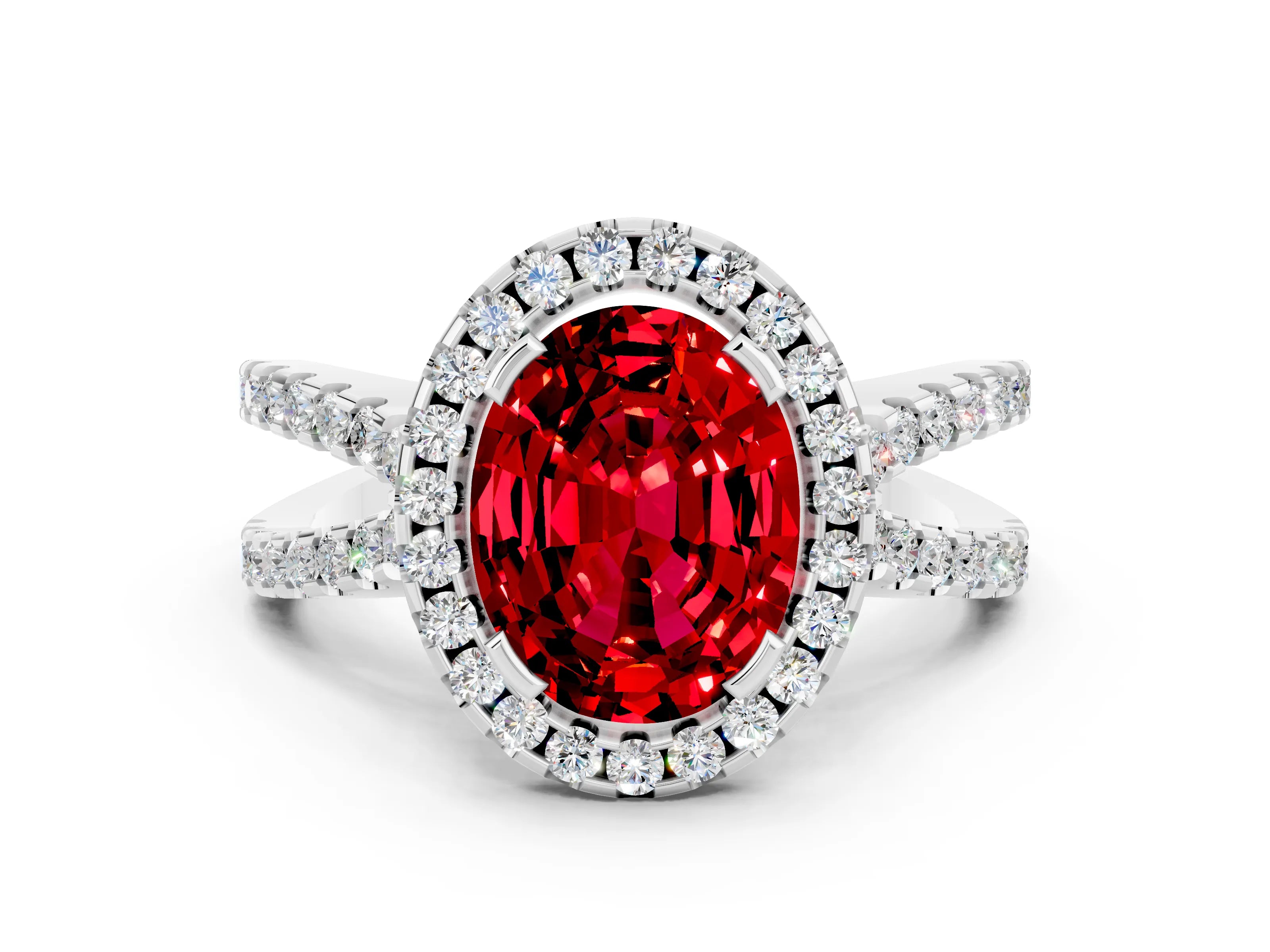 White gold Oval Cut Ruby Halo Ring with Split Shank Pavé Band and Prong Setting