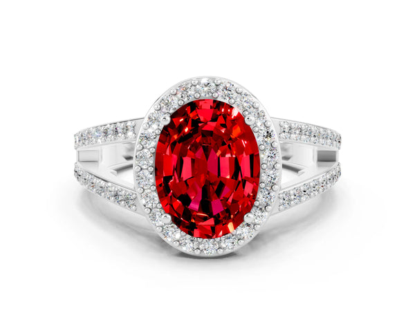 Platinum Oval Cut Ruby Halo Ring with Split Shank U-Prong Band and Four-Prong Setting