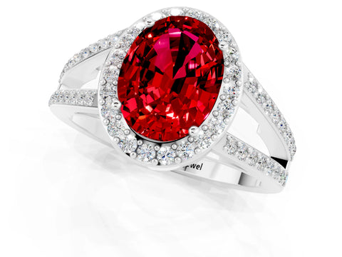 White gold Oval Cut Ruby Halo Ring with Split Shank U-Prong Band and Four-Prong Setting_1