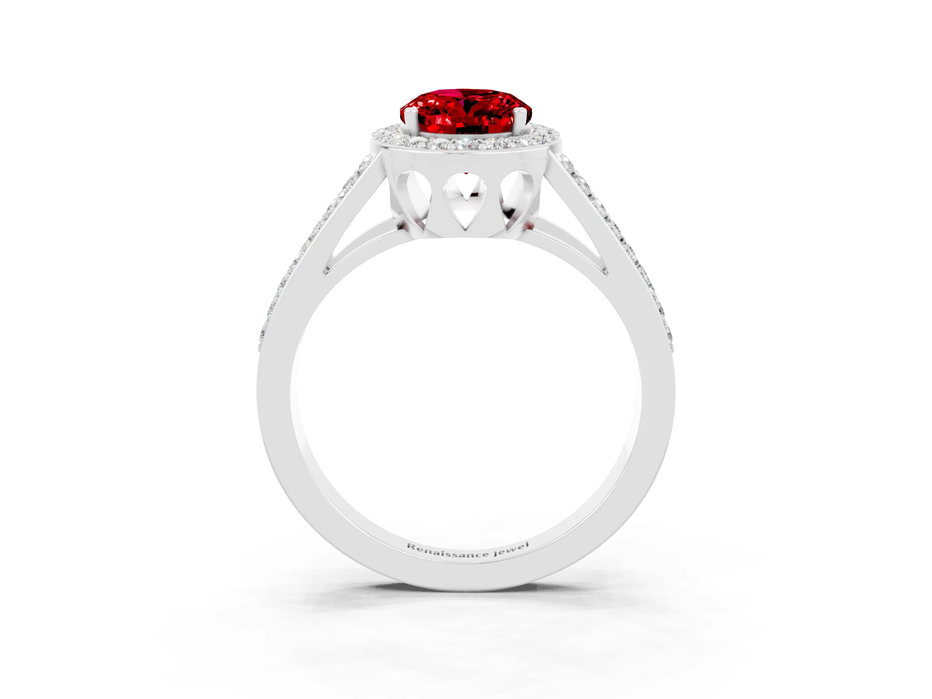 White gold Oval Cut Ruby Halo Ring with Split Shank U-Prong Band and Four-Prong Setting_3