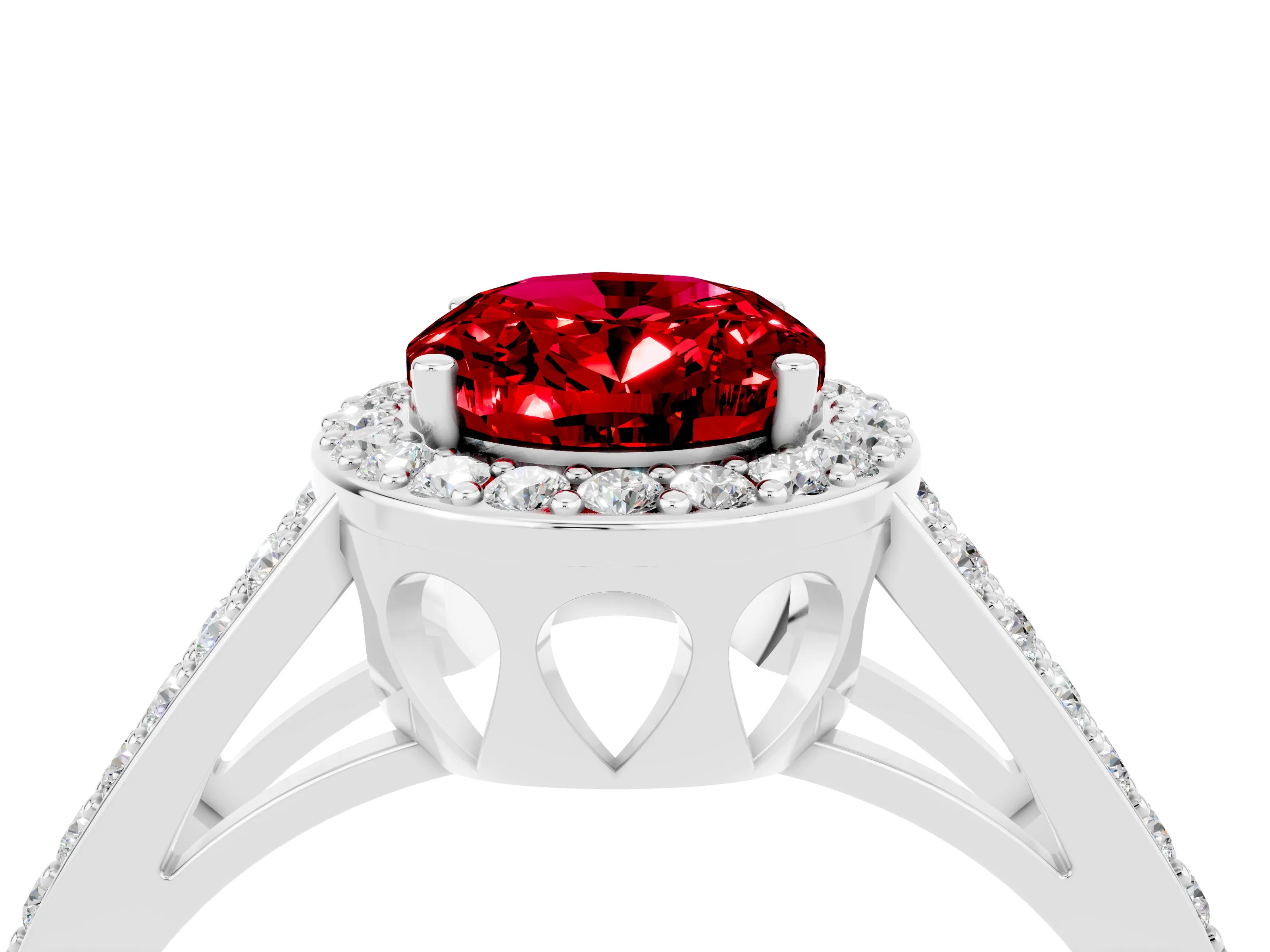 White gold Oval Cut Ruby Halo Ring with Split Shank U-Prong Band and Four-Prong Setting_4