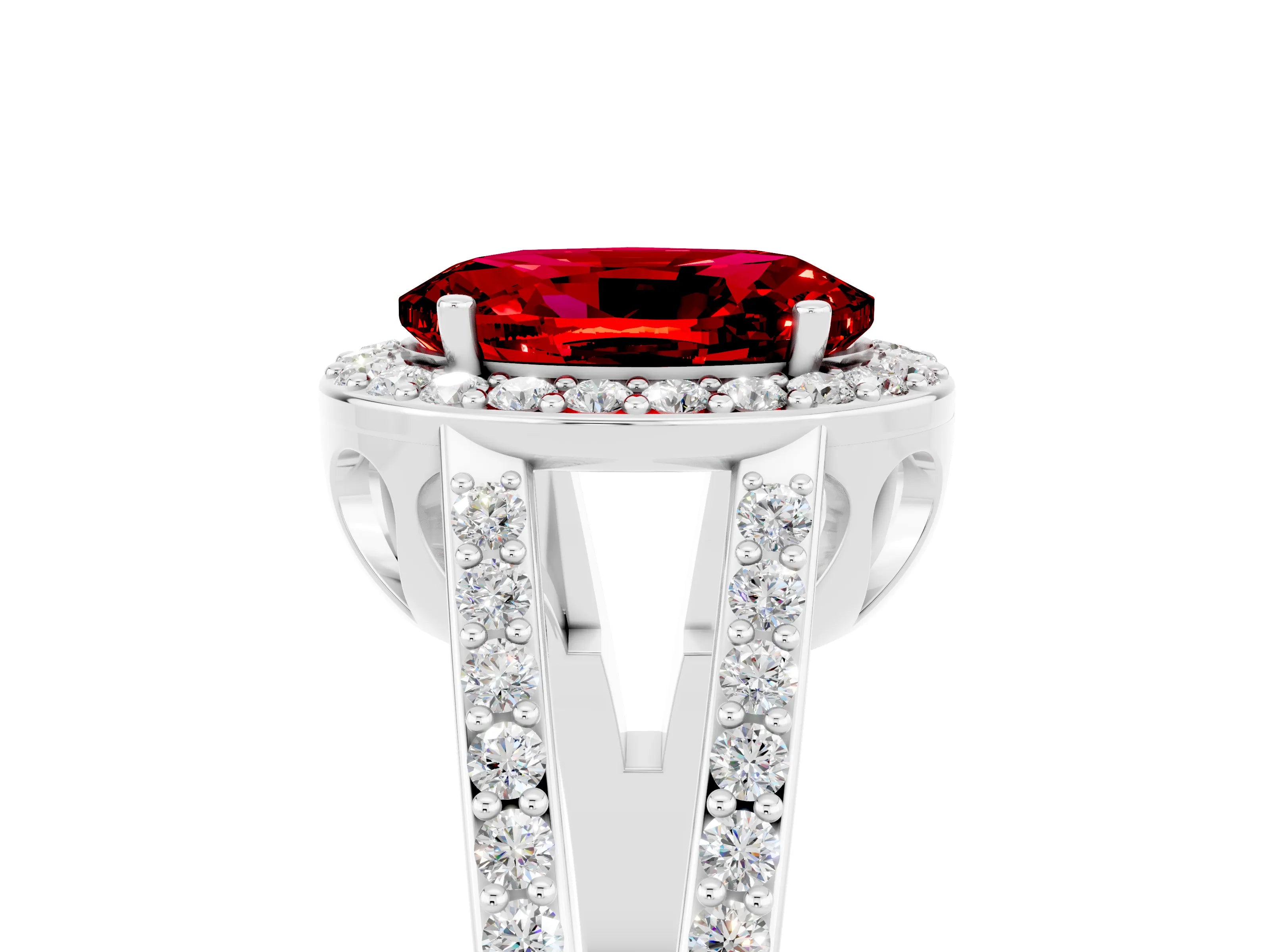 White gold Oval Cut Ruby Halo Ring with Split Shank U-Prong Band and Four-Prong Setting_5