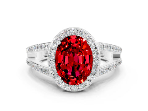 White gold Oval Cut Ruby Halo Ring with Split Shank U-Prong Band and Four-Prong Setting