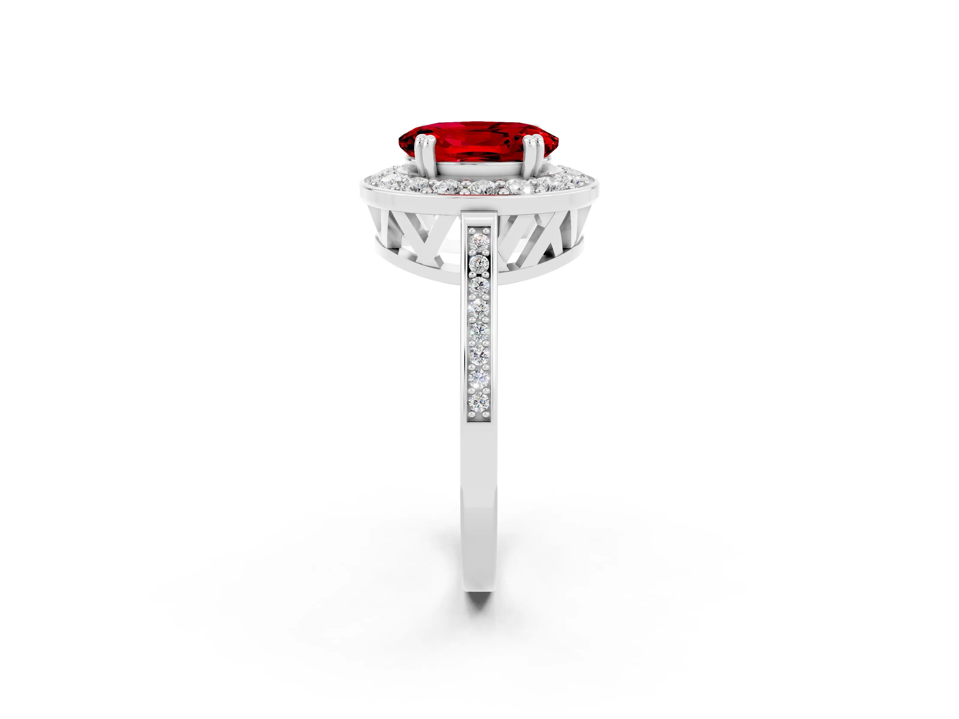 White gold Oval Cut Ruby Halo Ring with Split Shank and Four-Prong Setting_14