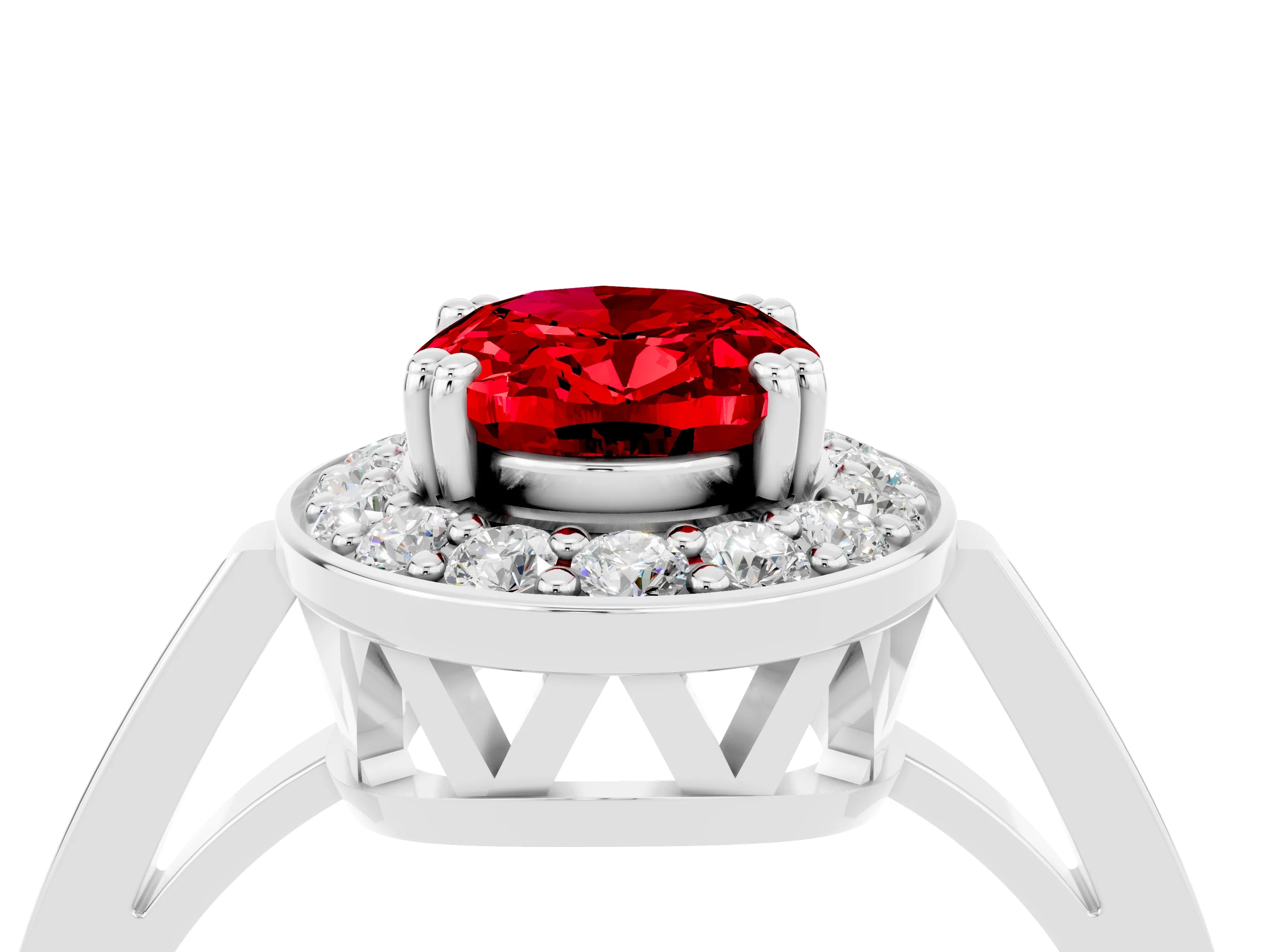 White gold Oval Cut Ruby Halo Ring with Split Shank and Four-Prong Setting_16