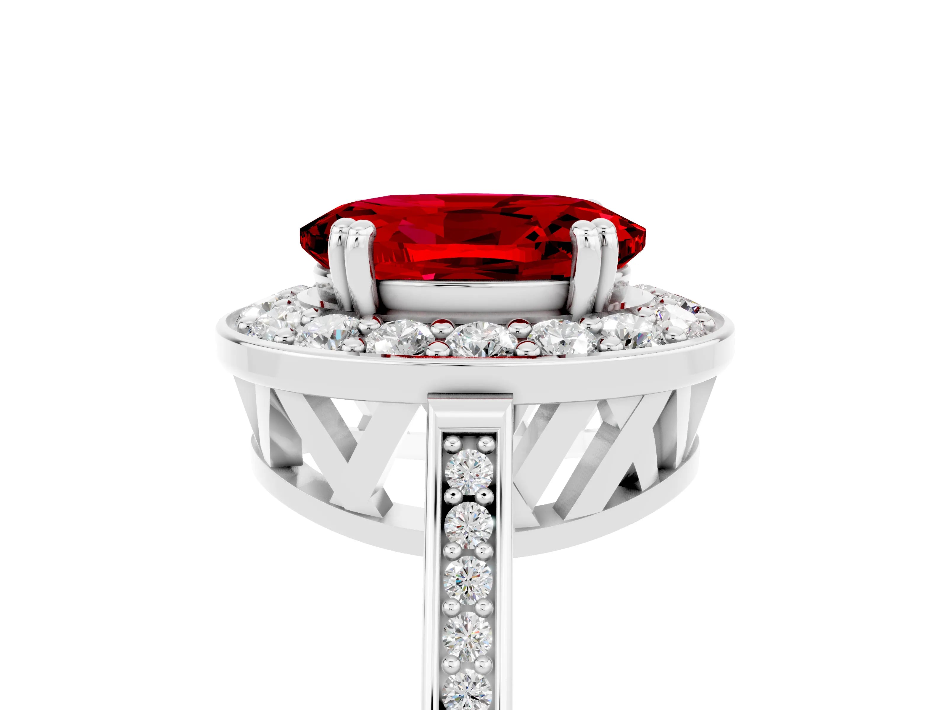 White gold Oval Cut Ruby Halo Ring with Split Shank and Four-Prong Setting_17