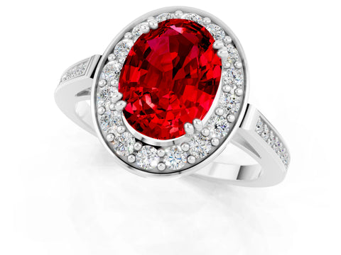 White gold Oval Cut Ruby Halo Ring with Split Shank and Four-Prong Setting_1