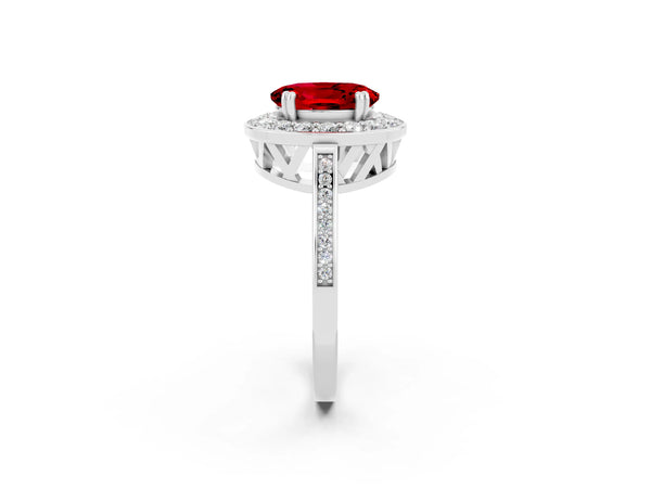Silver Oval Cut Ruby Halo Ring with Split Shank and Four-Prong Setting