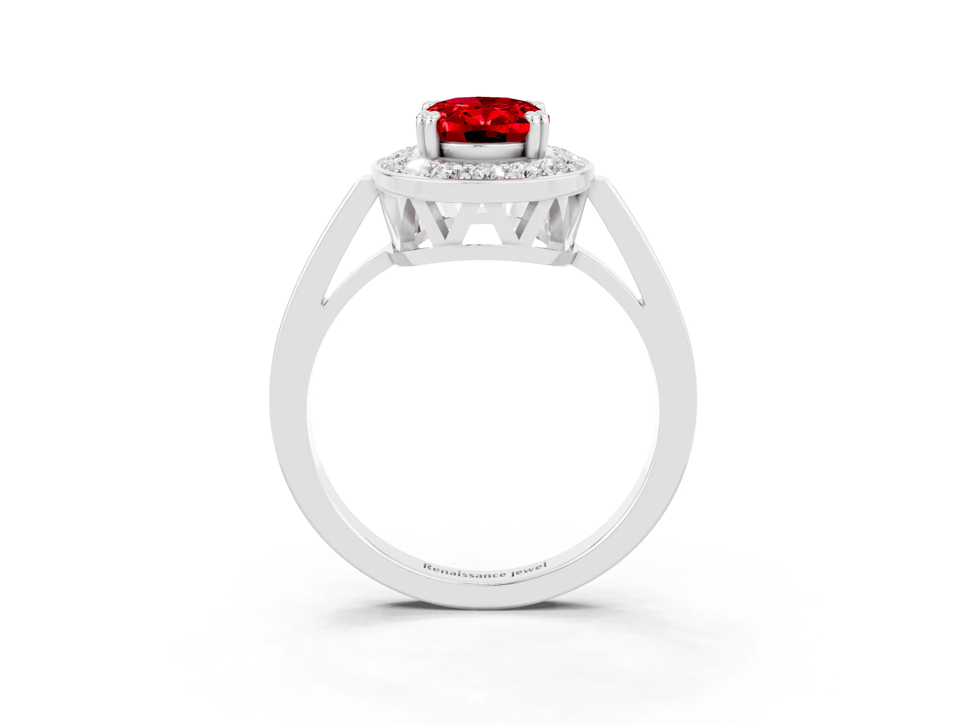 White gold Oval Cut Ruby Halo Ring with Split Shank and Four-Prong Setting_3