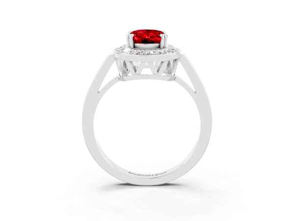 Silver Oval Cut Ruby Halo Ring with Split Shank and Four-Prong Setting
