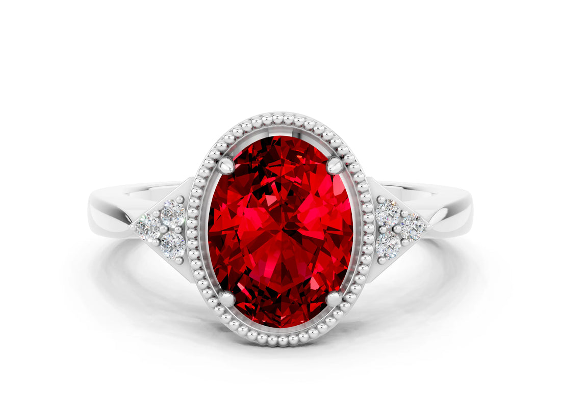 White gold Oval Cut Ruby Halo Ring with Tapered Band and Four-Prong Setting