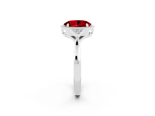 White gold Oval Cut Ruby Halo Ring with Tapered Band and Four-Prong Setting