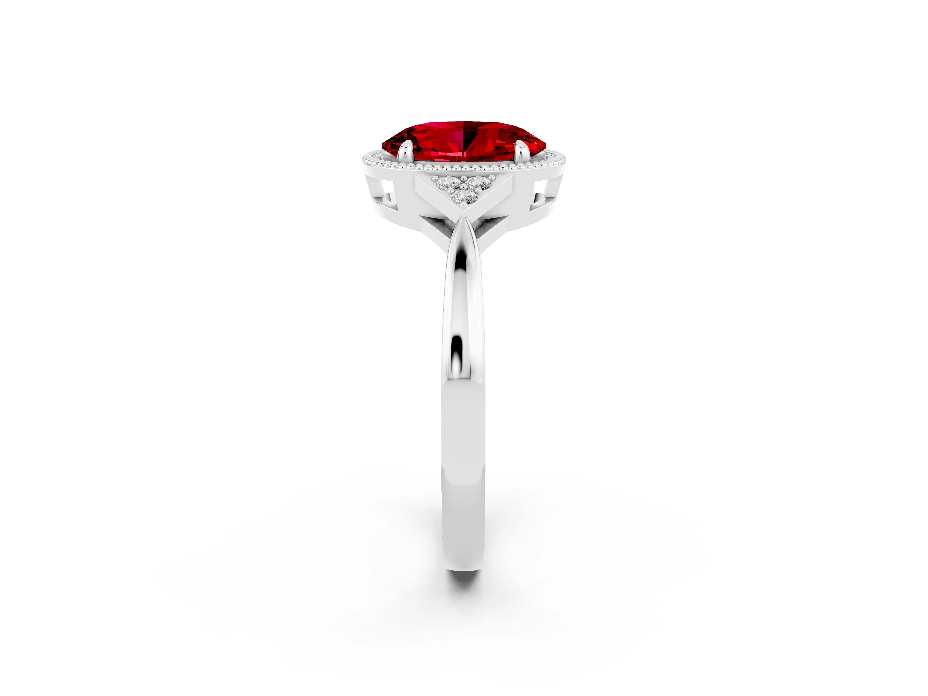 White gold Oval Cut Ruby Halo Ring with Tapered Band and Four-Prong Setting_2