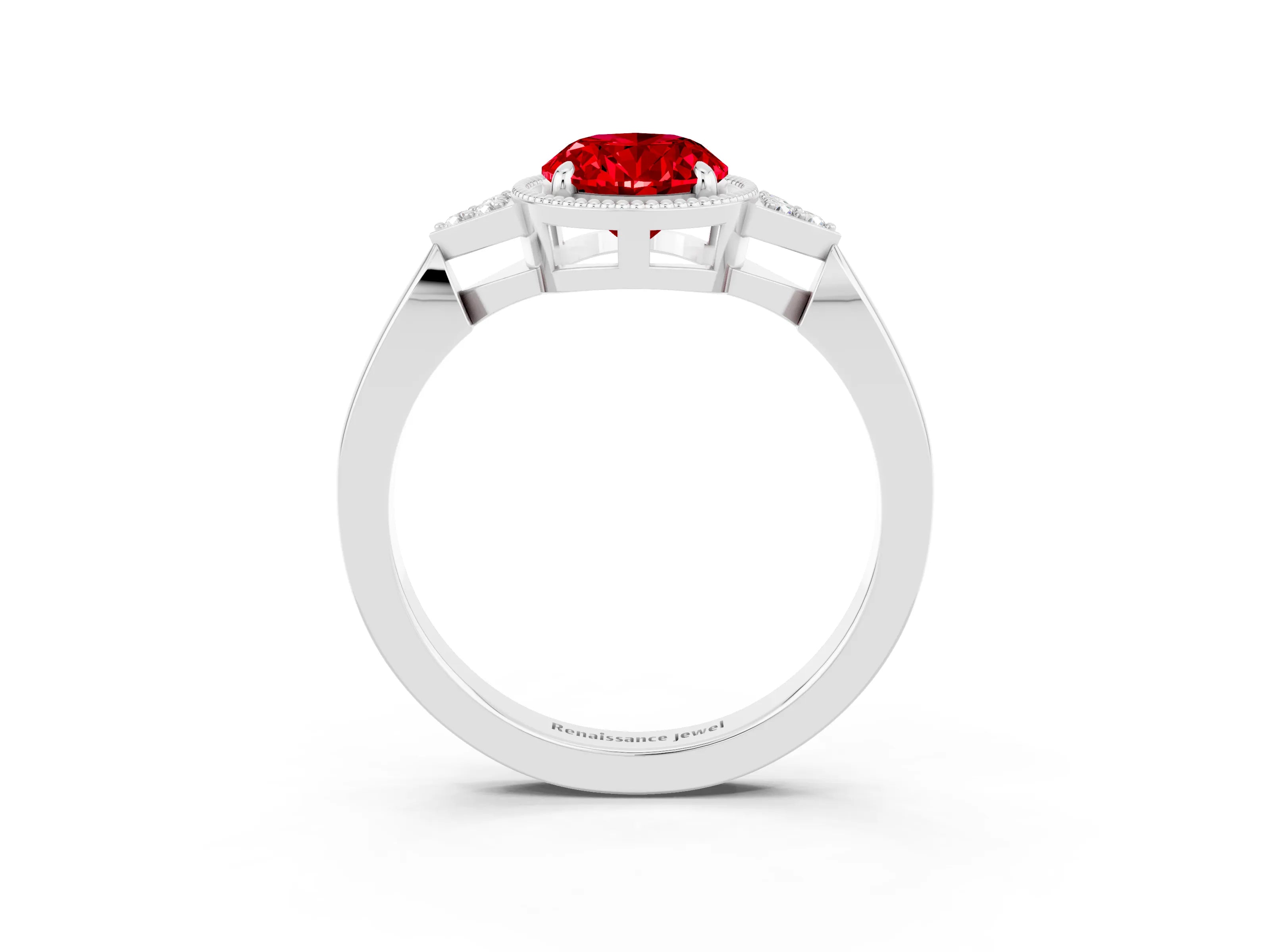 White gold Oval Cut Ruby Halo Ring with Tapered Band and Four-Prong Setting_3