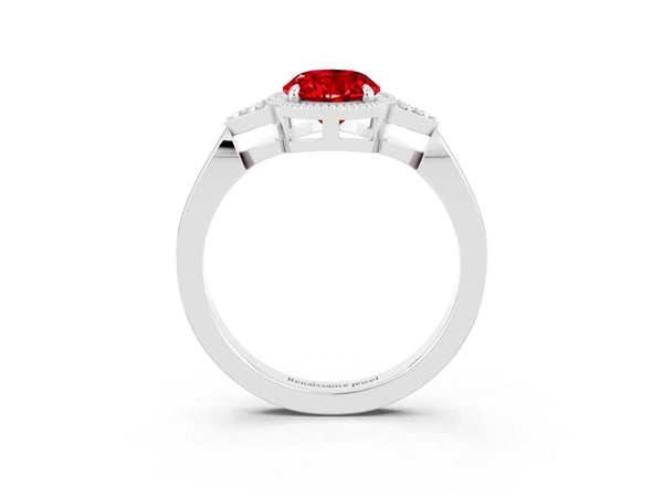 Silver Oval Cut Ruby Halo Ring with Tapered Band and Four-Prong Setting