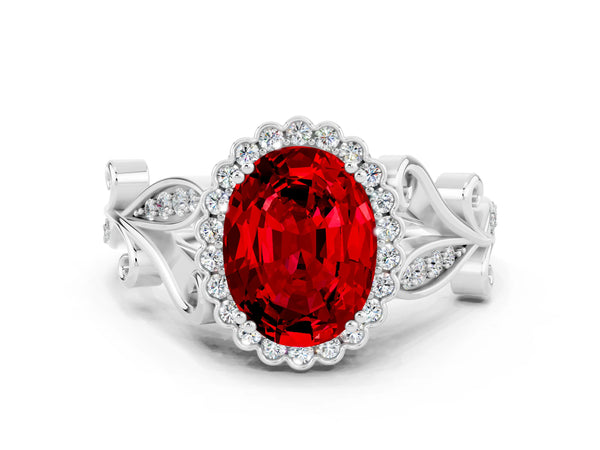 Silver Oval Cut Ruby Halo Ring with Vintage Split Shank and Four-Prong Setting