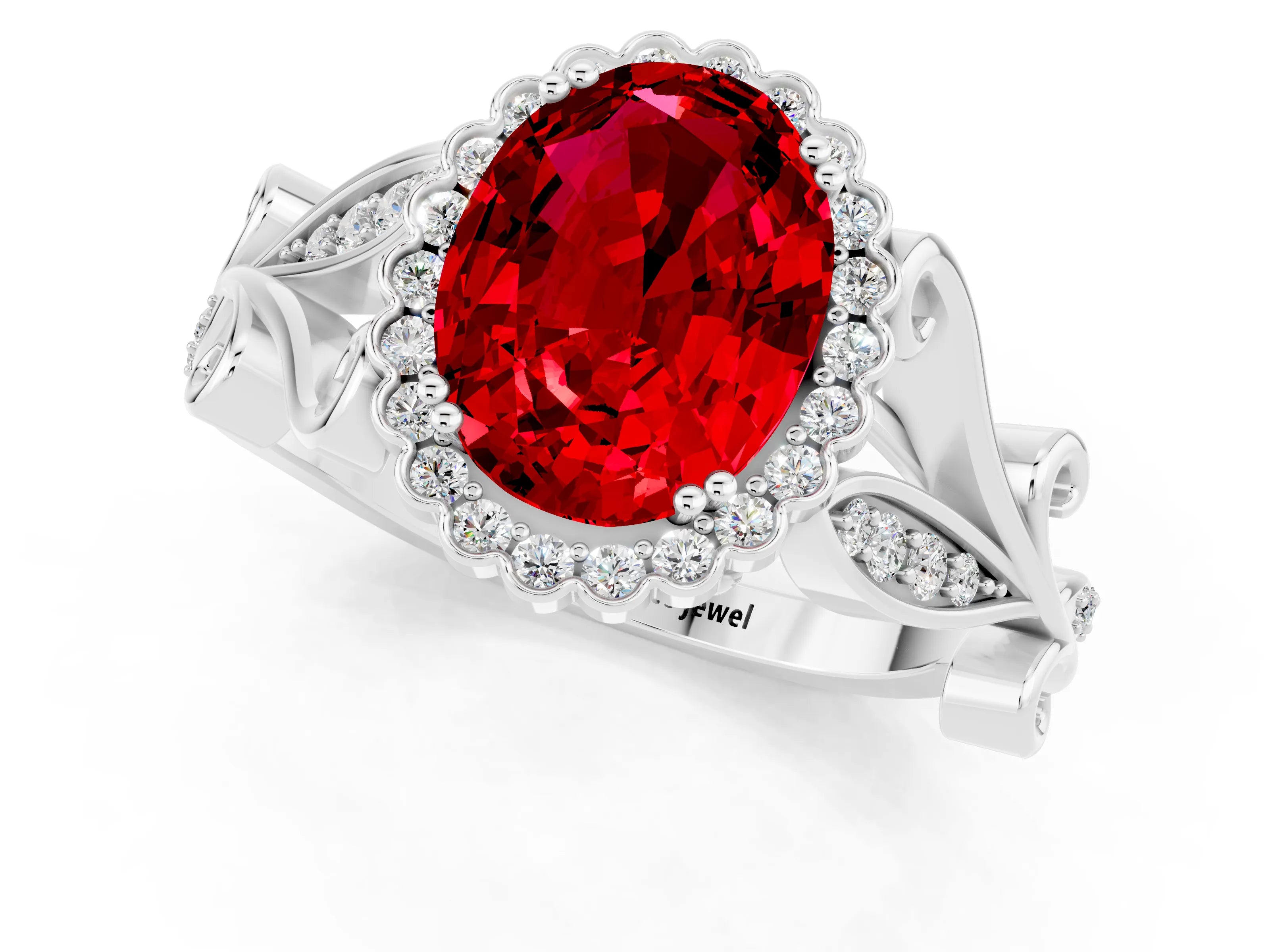 White gold Oval Cut Ruby Halo Ring with Vintage Split Shank and Four-Prong Setting_55