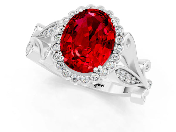 Platinum Oval Cut Ruby Halo Ring with Vintage Split Shank and Four-Prong Setting