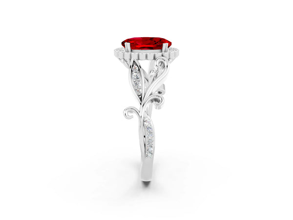 White gold Oval Cut Ruby Halo Ring with Vintage Split Shank and Four-Prong Setting