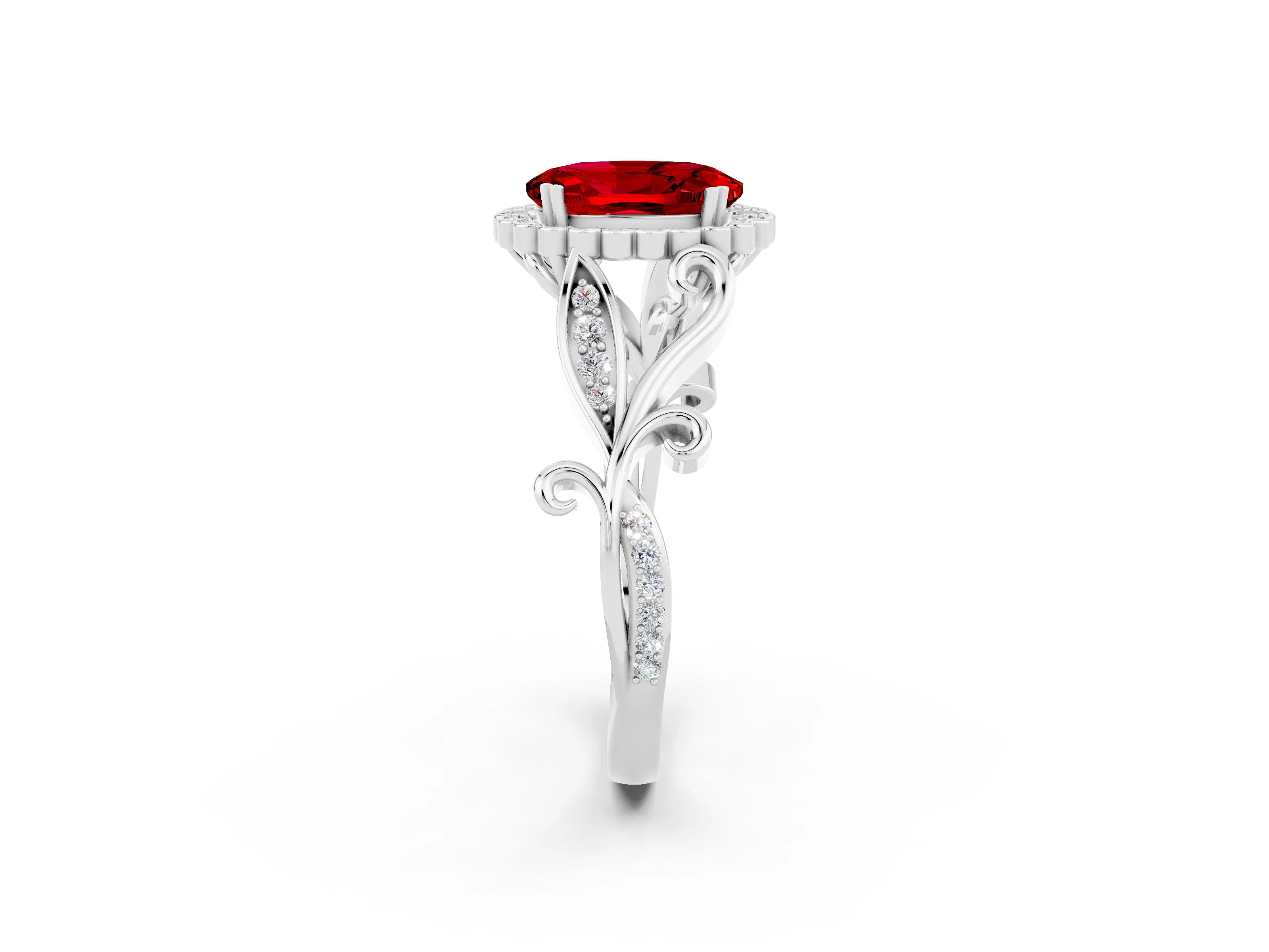 White gold Oval Cut Ruby Halo Ring with Vintage Split Shank and Four-Prong Setting_56