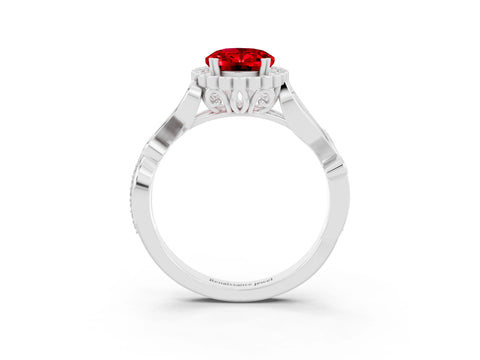 White gold Oval Cut Ruby Halo Ring with Vintage Split Shank and Four-Prong Setting_57