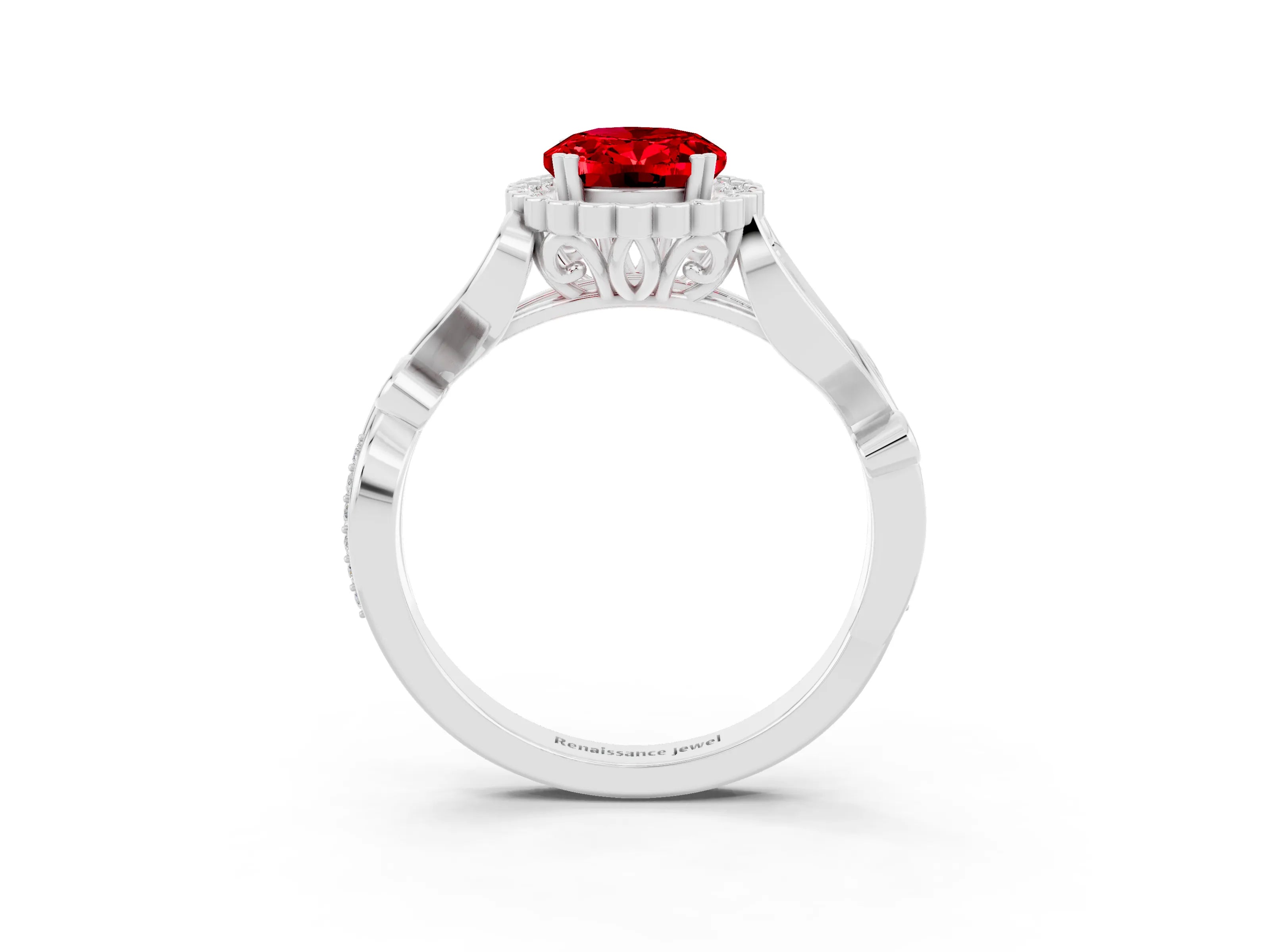 White gold Oval Cut Ruby Halo Ring with Vintage Split Shank and Four-Prong Setting_58