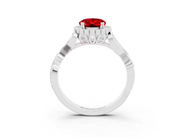 Platinum Oval Cut Ruby Halo Ring with Vintage Split Shank and Four-Prong Setting