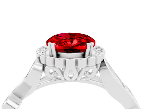 White gold Oval Cut Ruby Halo Ring with Vintage Split Shank and Four-Prong Setting_58