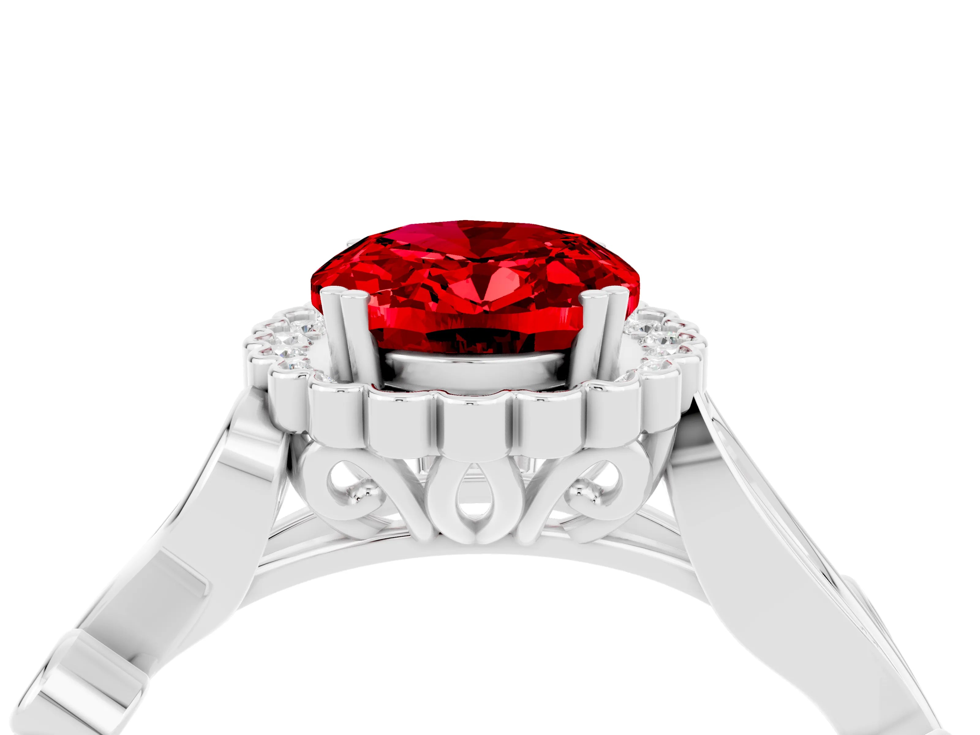 White gold Oval Cut Ruby Halo Ring with Vintage Split Shank and Four-Prong Setting_58