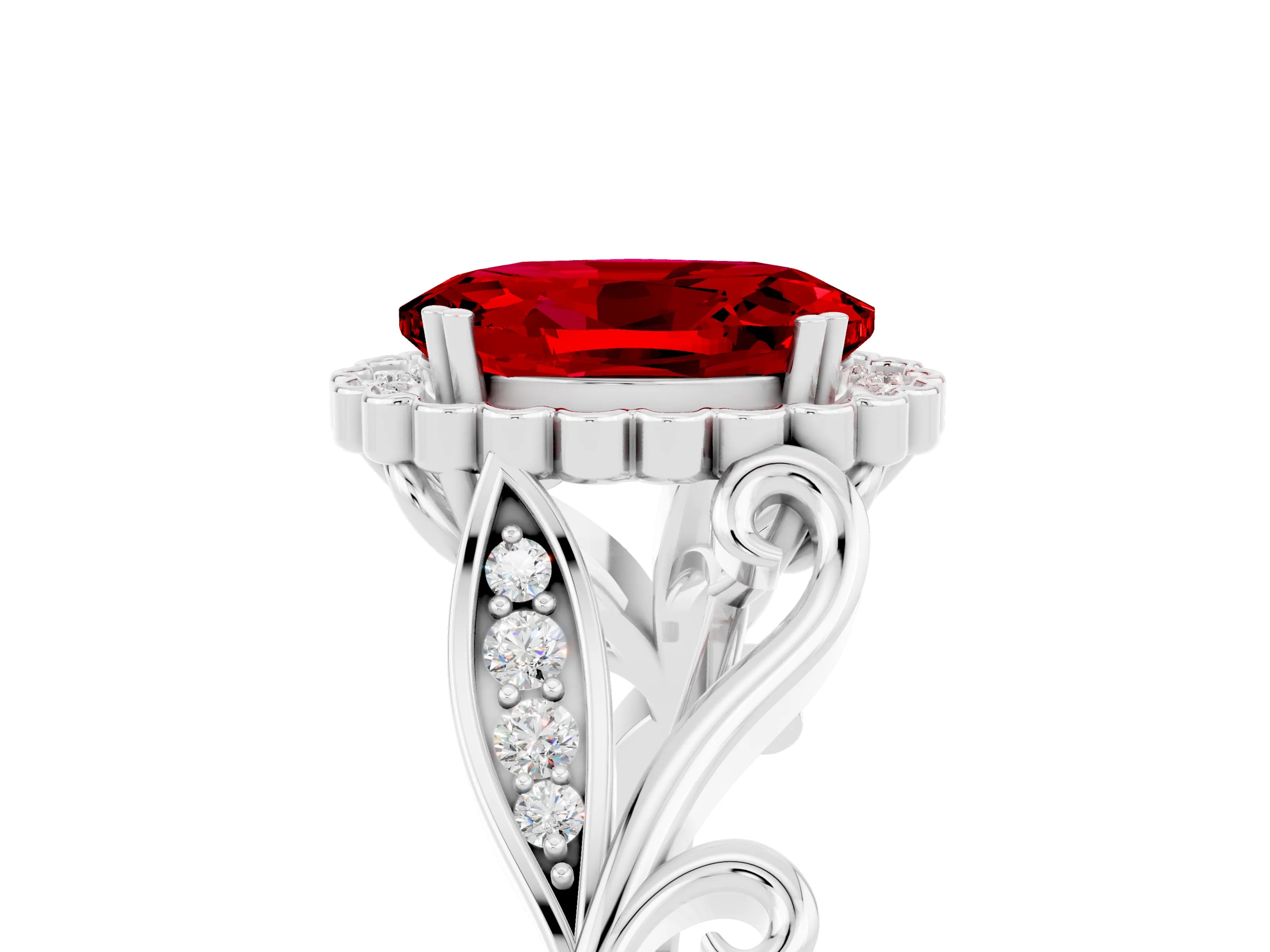 White gold Oval Cut Ruby Halo Ring with Vintage Split Shank and Four-Prong Setting_59