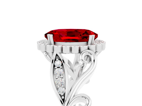 White gold Oval Cut Ruby Halo Ring with Vintage Split Shank and Four-Prong Setting_60