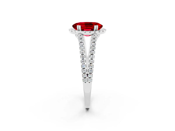 Platinum Oval Cut Ruby Halo Split Shank Engagement Ring
