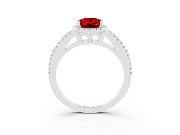 Platinum Oval Cut Ruby Halo Split Shank Engagement Ring