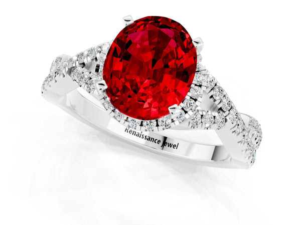 Platinum Oval Cut Ruby  Halo Twist Band Solitaire Prong Setting Ring