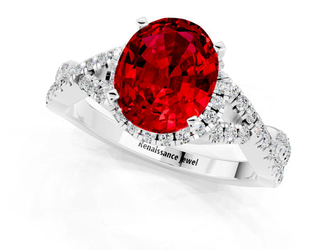 White gold Oval Cut Ruby Halo Twist Band Solitaire Prong Setting Ring_1