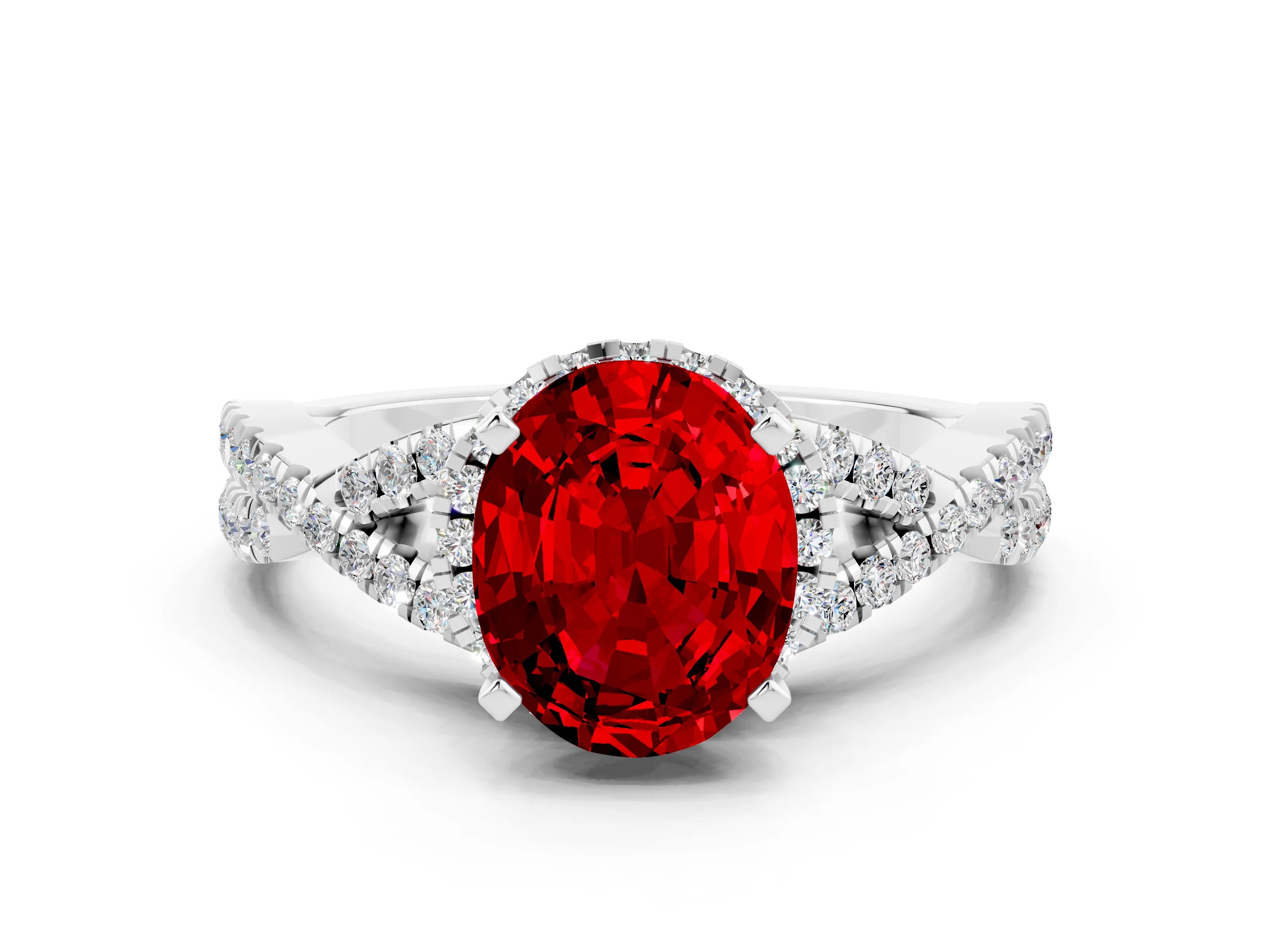 White gold Oval Cut Ruby Halo Twist Band Solitaire Prong Setting Ring