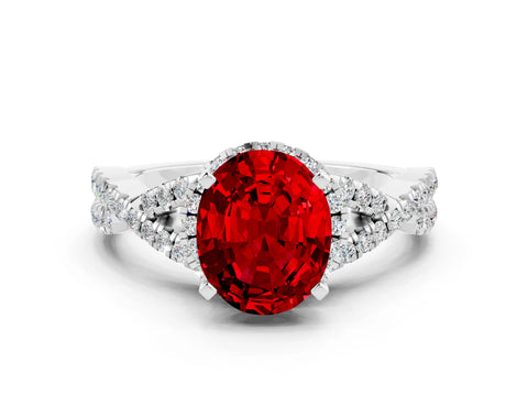 White gold Oval Cut Ruby Halo Twist Band Solitaire Prong Setting Ring
