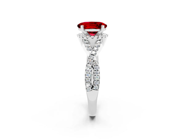 White gold Oval Cut Ruby  Halo Twist Band Solitaire Prong Setting Ring