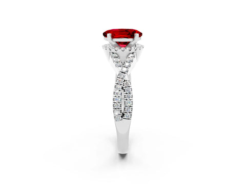 White gold Oval Cut Ruby Halo Twist Band Solitaire Prong Setting Ring_2
