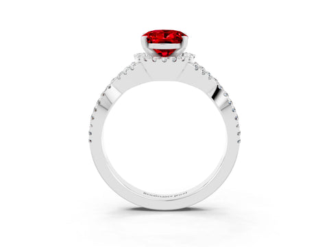 White gold Oval Cut Ruby Halo Twist Band Solitaire Prong Setting Ring_3