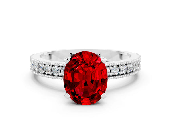 Silver Oval Cut Ruby Milgrain Pavé Engagement Ring with Four-Prong Setting