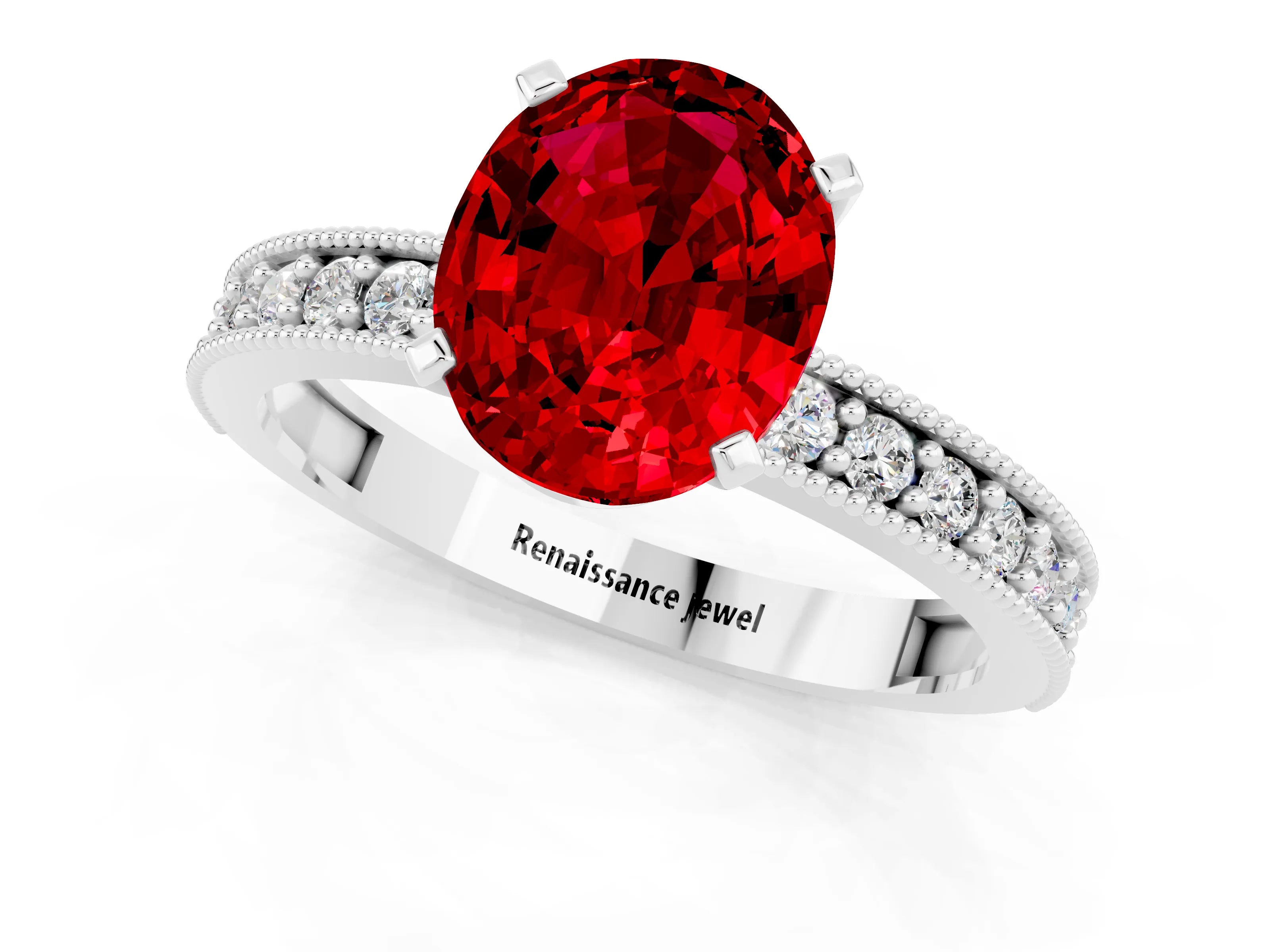 White gold Oval Cut Ruby Milgrain Pavé Engagement Ring with Four-Prong Setting_13
