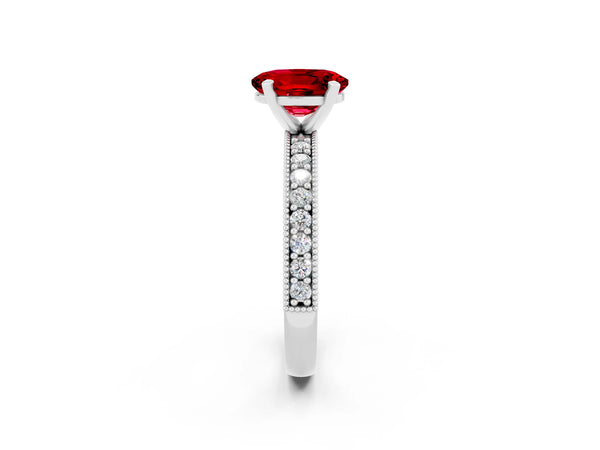 Silver Oval Cut Ruby Milgrain Pavé Engagement Ring with Four-Prong Setting