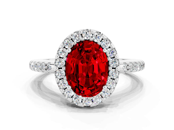 White gold Oval Cut Ruby Pavé Halo Ring with Four-Prong Setting