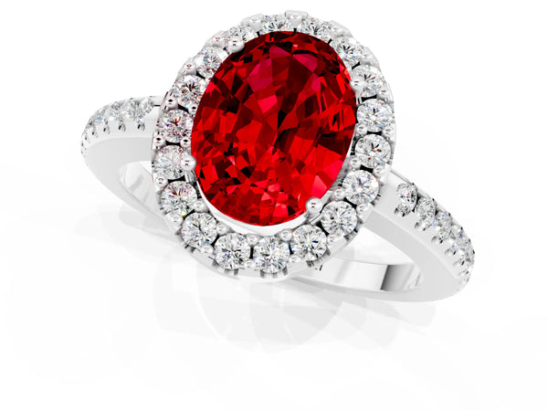 White gold Oval Cut Ruby Pavé Halo Ring with Four-Prong Setting