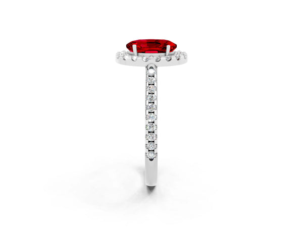 Silver Oval Cut Ruby Pavé Halo Ring with Four-Prong Setting