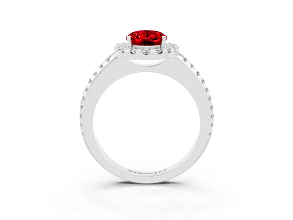 White gold Oval Cut Ruby Pavé Halo Ring with Four-Prong Setting